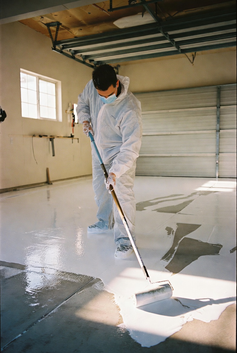 Crew installing an epoxy garage floor coating